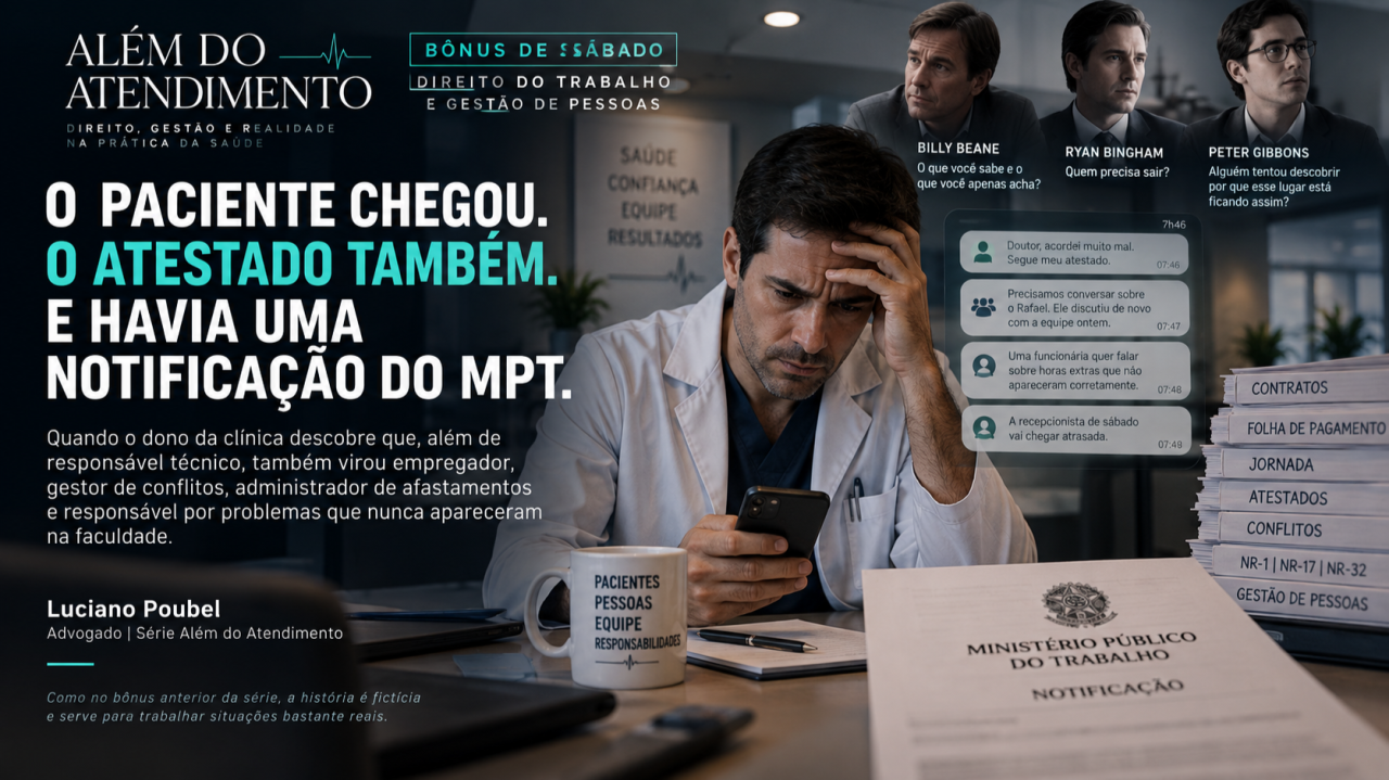 Capa original do artigo O paciente chegou. O atestado também. E havia uma notificação do MPT. — ALÉM DO ATENDIMENTO BÔNUS DE SÁBADO | DIREITO DO TRABALHO E GESTÃO DE PESSOAS, de Luciano Poubel.